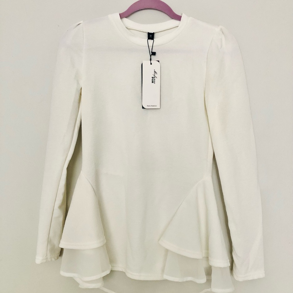 Women White Peplum Top Medium Blouse Jumper Mofanee MFN Long Sleeve Shirt NWT